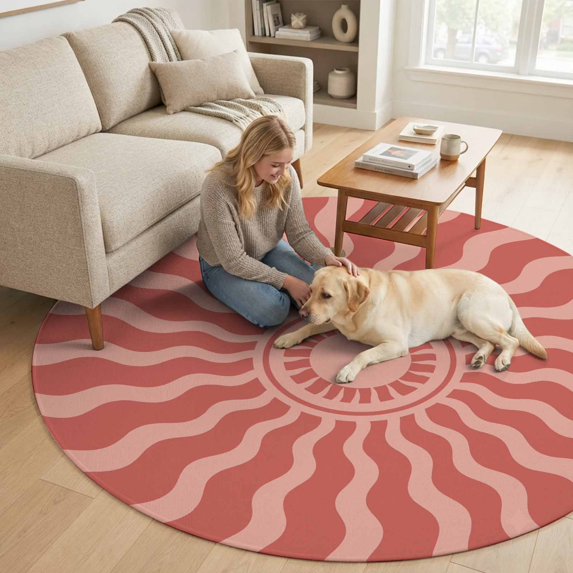 Round Area Rugs 4Ft, Middle Century Non-Slip Washable Circle Rugs Carpet, Vintage Abstract Sunshine Bohemia Red Indoor Outdoor Rug Floor Mats Throw Runner for Bedroom Living Room Bathroom