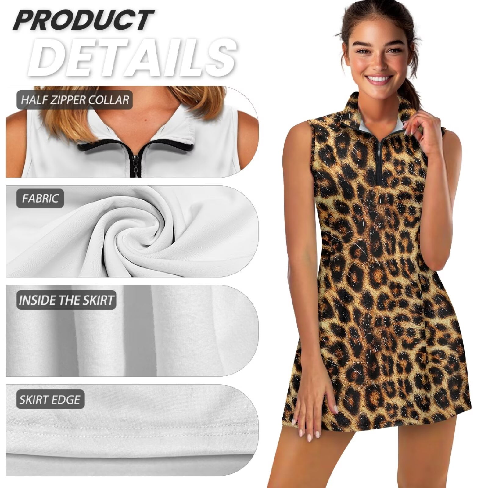 Garronmavis Women's Tennis Dress with Collar Size L Breathable Active Golf Dress Sleeveless Half-Zip Active Workout Dresses Sport Activewear, Leopard Stripe