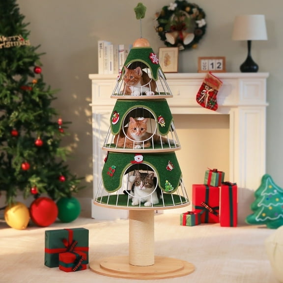 PAWZ Road 51.2" Christmas Cat Tree for Indoor Cat Modern Cat Tower with 3 Cat Condos and Scratch Post, Green