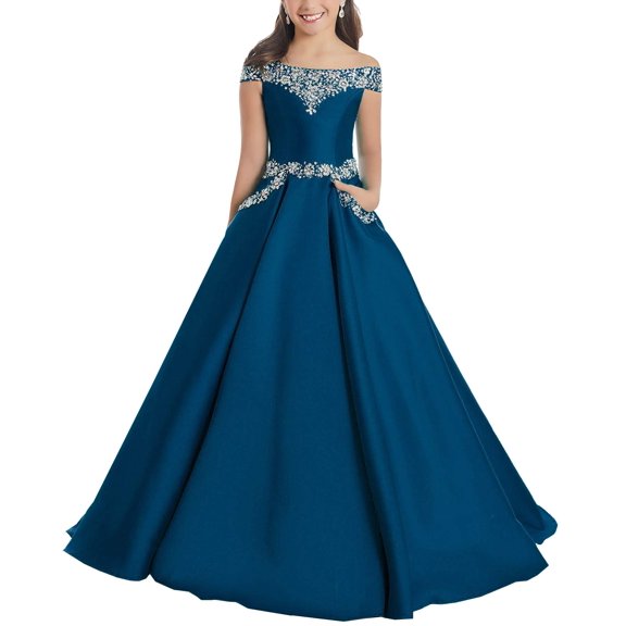 ETHAN Girls Satin Off The Shoulder for Pageant Dresses Long Princess Birthday Formal Party Ball Gowns with Pockets Peacock Size 2