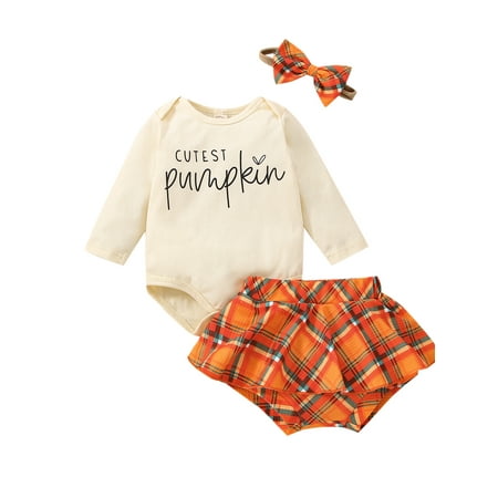 

Infant Girl Thanksgiving Clothes Set Letter Print Long Sleeve Round Neck Romper + Ruffled Plaid Print Shorts + Bow Headband
