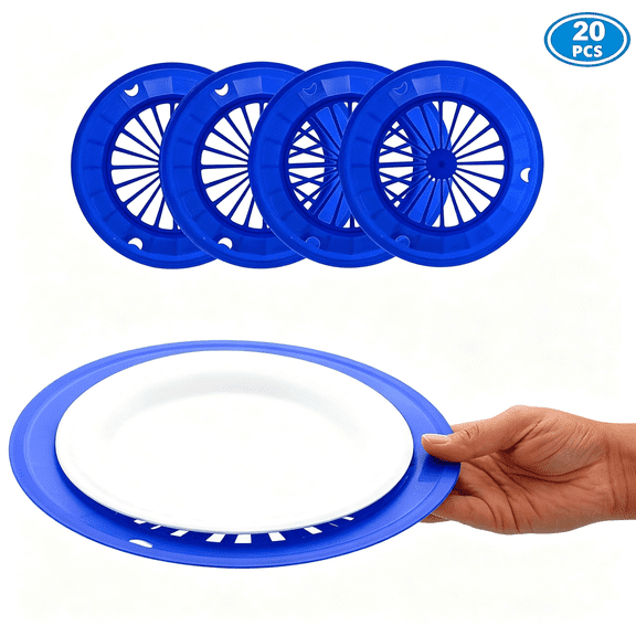 NORIZF Paper Plate Holders Reusable 10 Inch Plastic W/Snap in Grooves, Holds 9" Round Plates for Themed Parties, Heavy Duty Picnic Supplies (20 Count Blue Color)