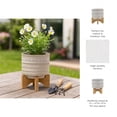thumbnail image 6 of Embossed Ceramic Planters with Wood Stand for Flower Pots  Home Decor Pots for Entryway, Tabletop, and Garden - Small Raised Container with Stand for Indoor and Outdoor Plants - 8", Ivory & Tan, 6 of 13