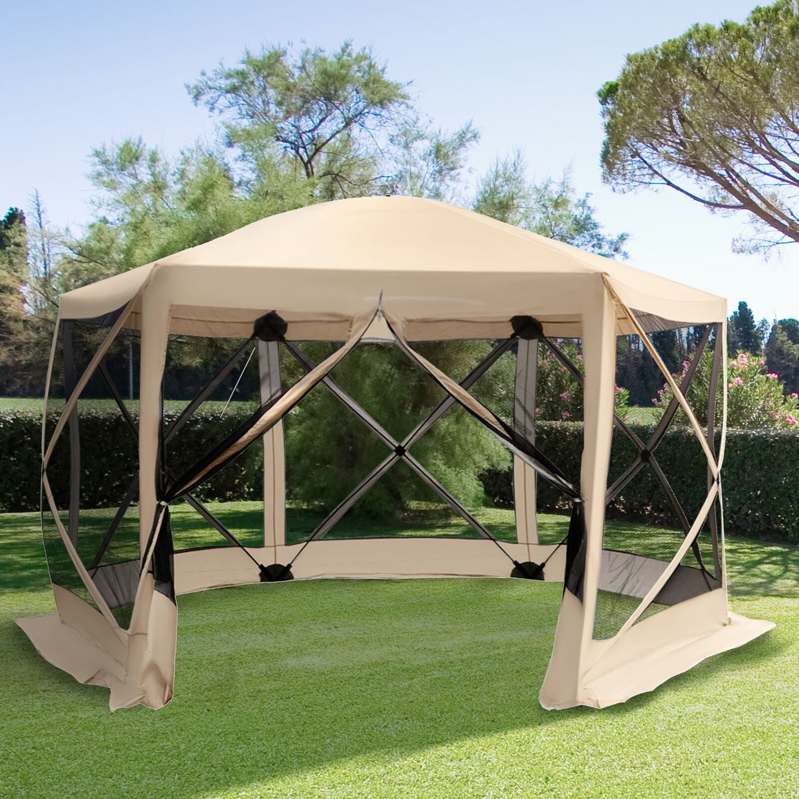 Outdoor Grill, 12' x 12' Hexagon Screen House, Pop Up Tent Portable Gazebo Canopy Shelter with Mesh Netting Walls, Carry Bag and Shaded Interior, Beige, Beige BBQ Grill,Polyester Tabletop Grill