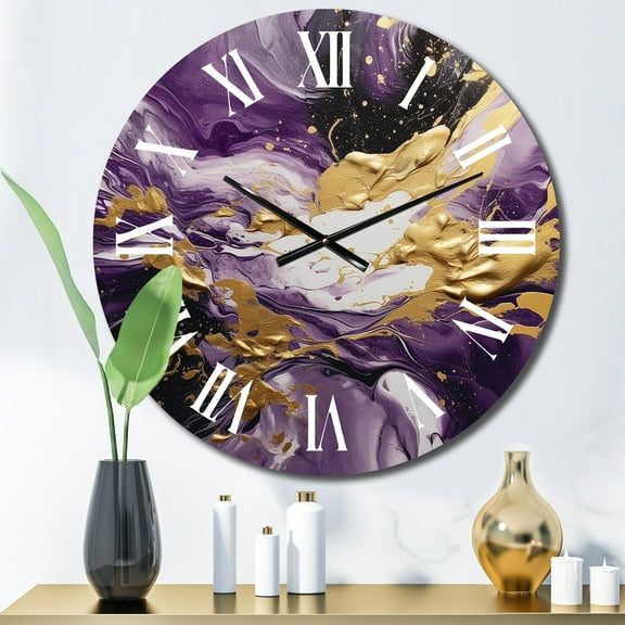 Designart "Liquid Magic in Purple and Gold IV" Abstract Oversized Wall Clock