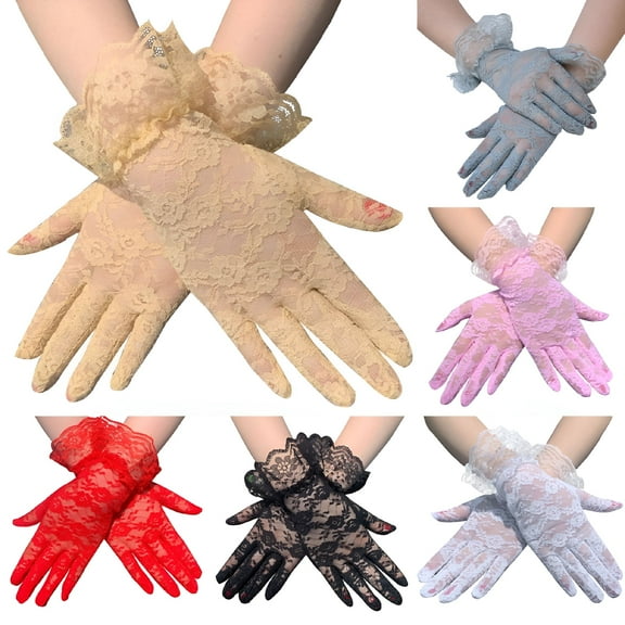 TELOLY Vintage Short Lace Gloves for Women, Tea Party Wrist Floral Gloves, Light Yellow
