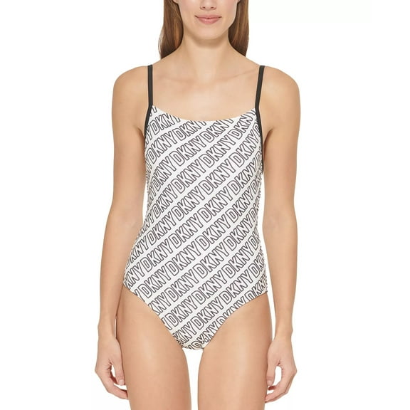 DKNY WHITE/BLACK Logo-Print One-Piece Swimsuit, US Small