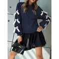 thumbnail image 6 of Women'S Y2K Ribbon Long Sleeve Top - Crew Neck Red Christmas & New Year Bowknot Oversized Pullover Shirt Navy Blue XL, 6 of 8