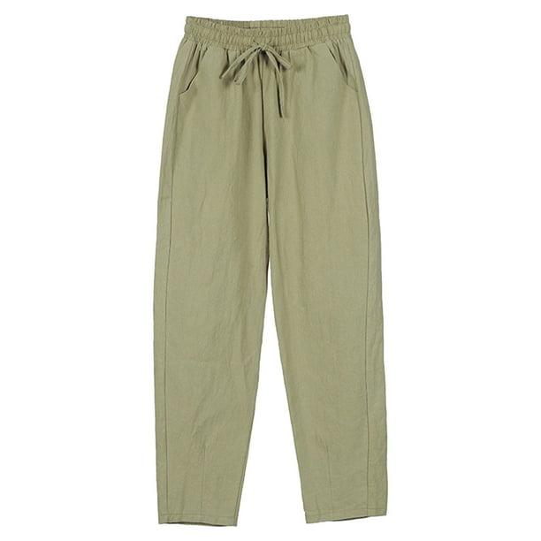 Pantalones palazzo de algodón y lino de cintura alta para mujer: pierna ancha, corte holgado, bolsillos, transpirables para verano/playa