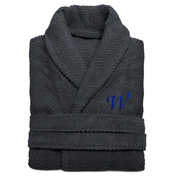 Authentic Hotel and Spa  Charcoal Grey with Blue Monogrammed Herringbone Weave Turkish Cotton Unisex Bath Robe W S/M