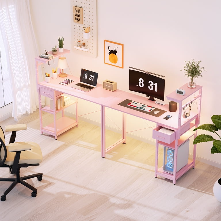 Eunon 44 inch Gaming Computer Desk with LED Lights, Reversible 4