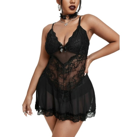 

Tregren Women Sleepwear Lingerie Sleeveless V Neck Lace Floral Slip Nightgown with Thong Nightwear Set