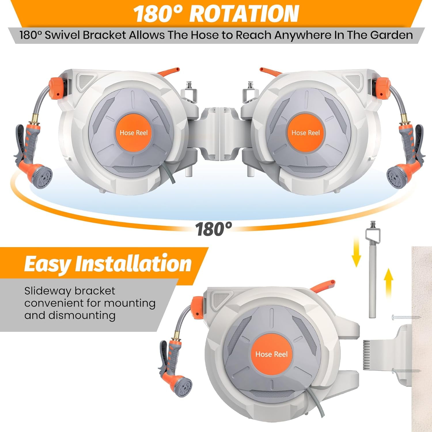 Retractable Garden Hose Reel, 5/8 In x 65 Ft With 9 Function Sprayer Nozzle, Any Length Lock, Automatic Rewind and Slow Return System, Wall Mounted and 180 Deg Swivel Bracket