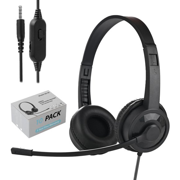 Auriculares Ladont con micrófono para aulas y escuelas (paquete de 10), con cancelación de ruido y micrófono para oficina, resistentes auriculares con cable de 3,5 mm y micrófono para ordenador, portá