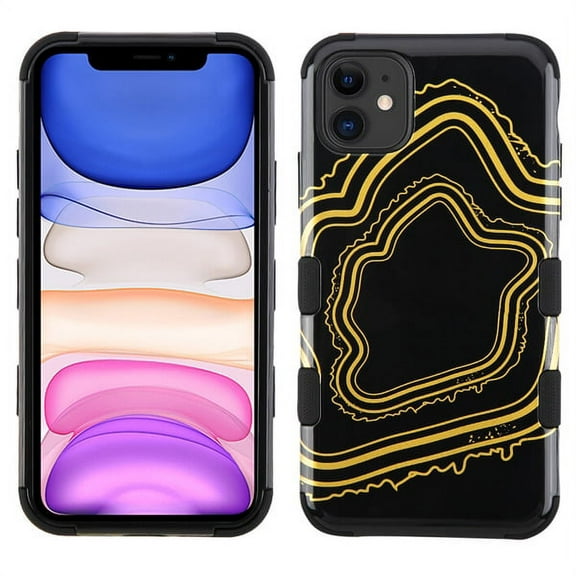 Apple iPhone 11 Phone Case Tuff Hybrid Shockproof Impact Armor Rubber Three Layers Rugged Hard PC Soft Protective Shock Absorbent Frame TPU Cover Gold Black Agate Stripe for Apple iPhone 11 /6.1"