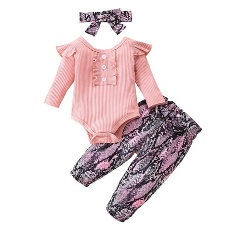 

Baby Girls Clothes Sets Spring Long-sleeve Solid Color Romper Pullover Sweatshirt Print Trousers Headwear Baby Suit (6-12 Months Pink)