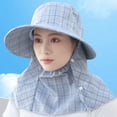 thumbnail image 4 of Women Summer Sun Hat Plaid Print Large Brim Sunscreen Face Guard Hat Shawl Design Outdoor Farm Work Tea Hat-One Size,Blue, 4 of 8