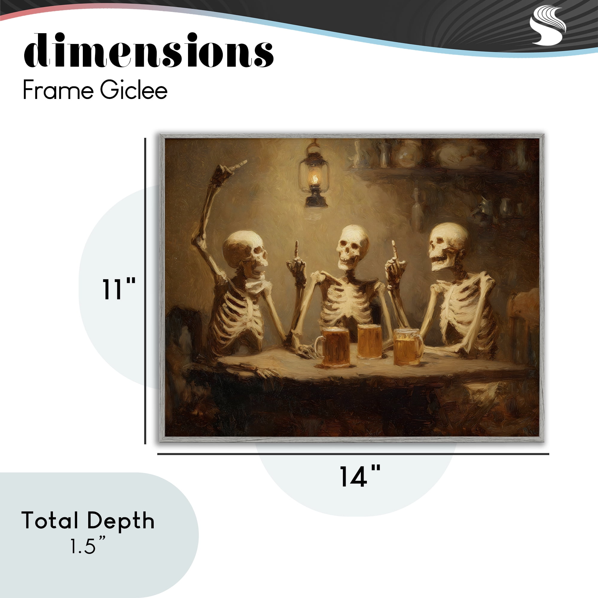 Skeletons Drinking at Tavern Gray Framed Giclee Art, design by Arlington Prints
