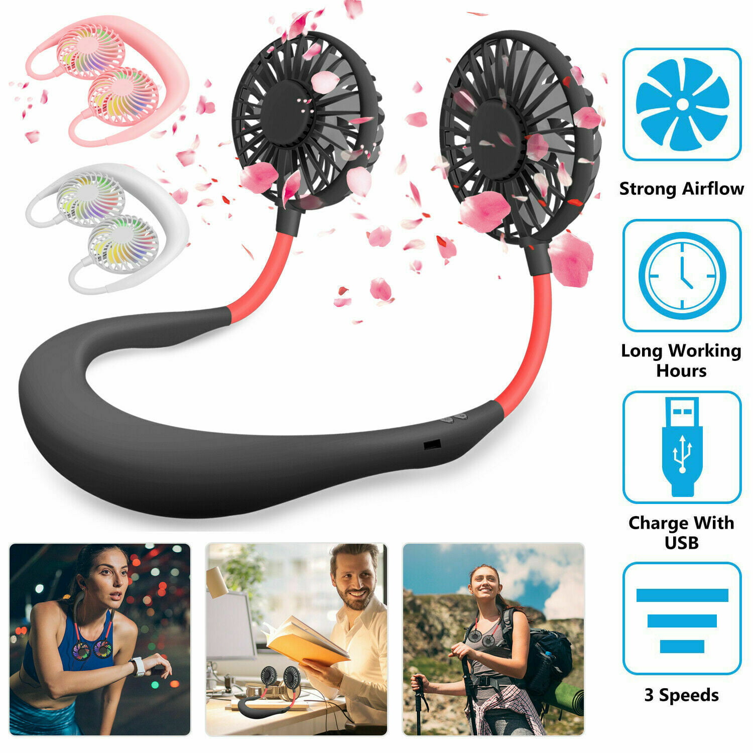 Portable USB Rechargeable Neckband Sport Fan Lazy Neck Hanging Dual Cooling Fan 