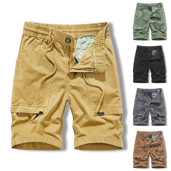 Men's Lightweight Multi Pocket Cotton Casual Elastic Waist Cargo Shorts,Outdoor Twill Shorts with Muti Pockets(No Belt) Yellow