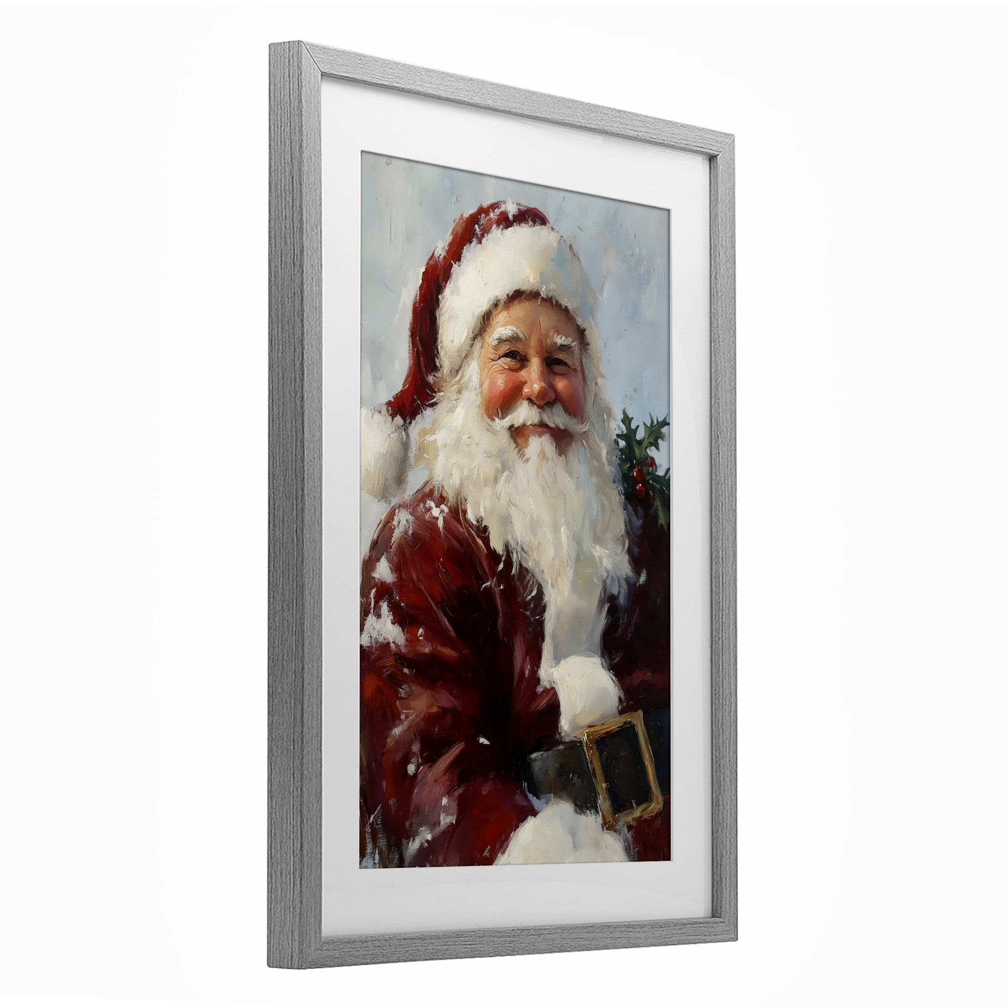 Rosy Cheeked Santa Smile Gray Framed Print Under Glass, design by Petal Prints Design