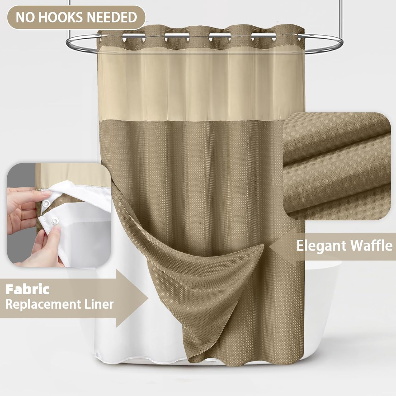 DawnJoanHD Waffle Weave No Hook Shower Curtain with Snap-in Liner, Beige Polyester Fabric with See-Through Top Window, 72" x 75"