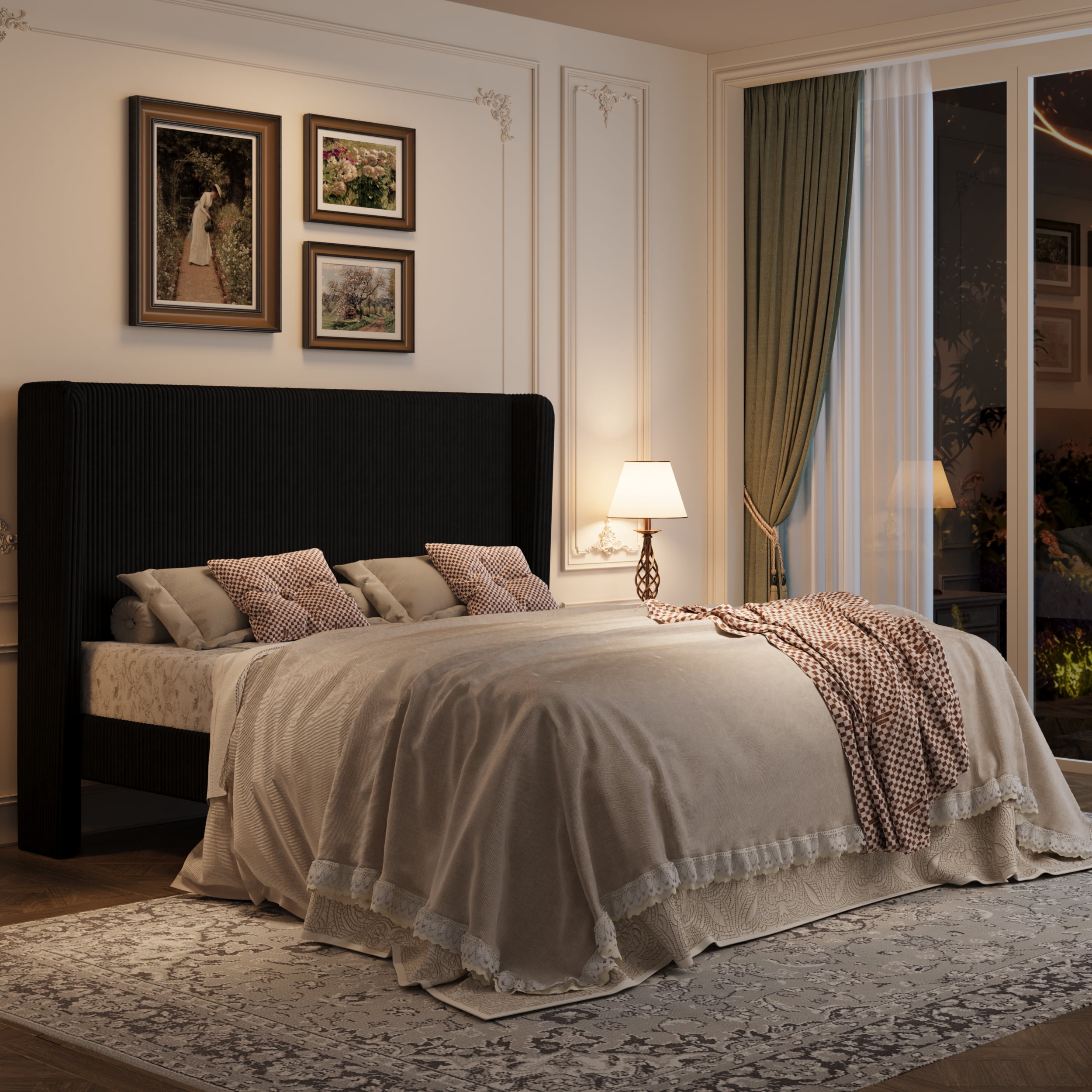 Amolife King Size Platform Bed Frame with Velvet Upholstered Wingback Headboard, Black