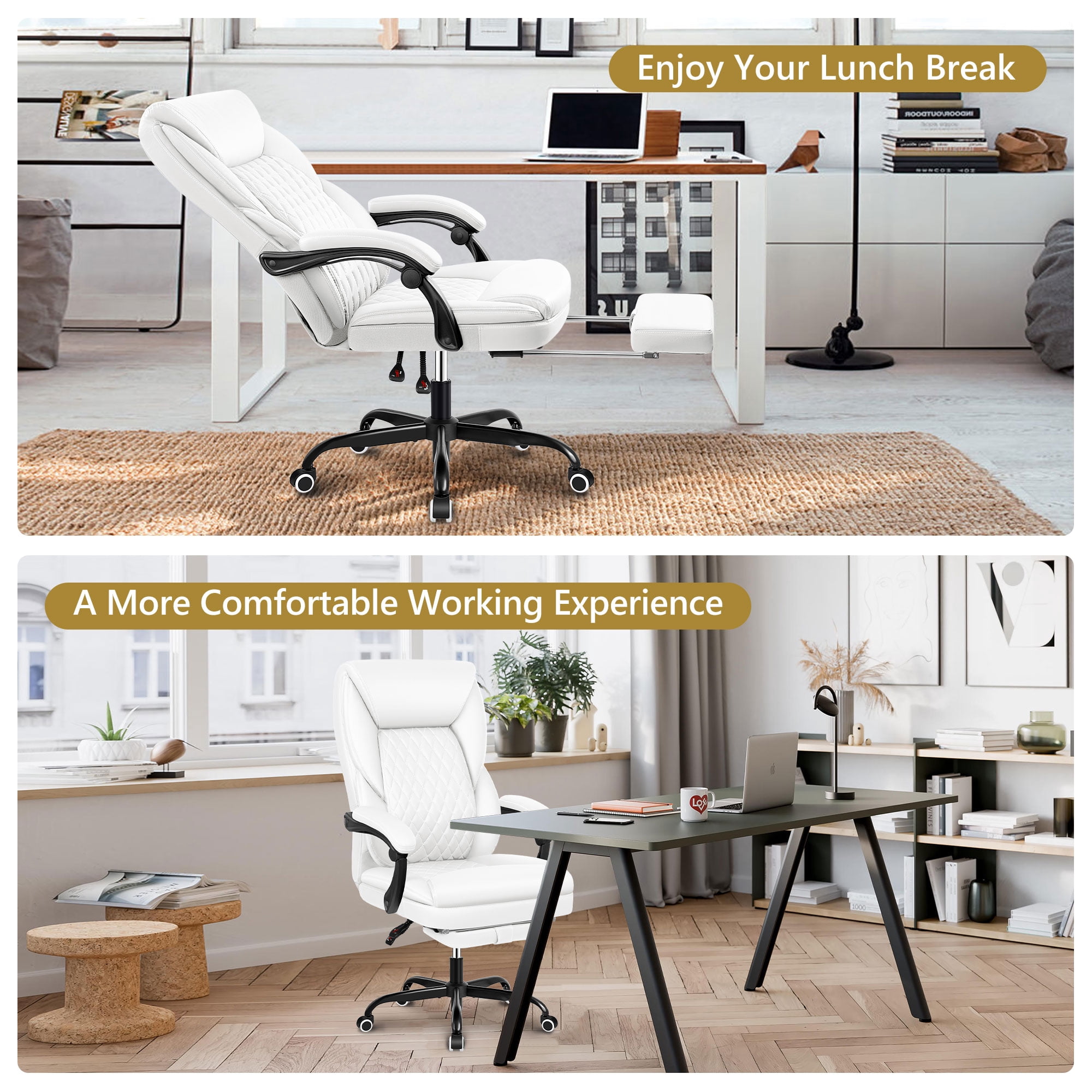 Primy Office Chair with Retractable Footrest, Ergonomic High Back Executive Computer Desk Chair, Big & Tall PU Leather Reclining Chair for Home Office Work