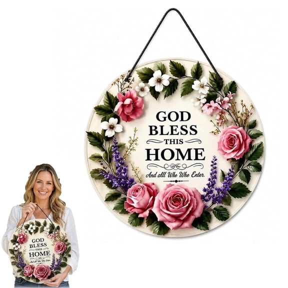 "May God Bless This Home" Round Floral Door Sign, Farmhouse Round Floral Welcome Door Sign, Christian Front Door Hanger(RL)