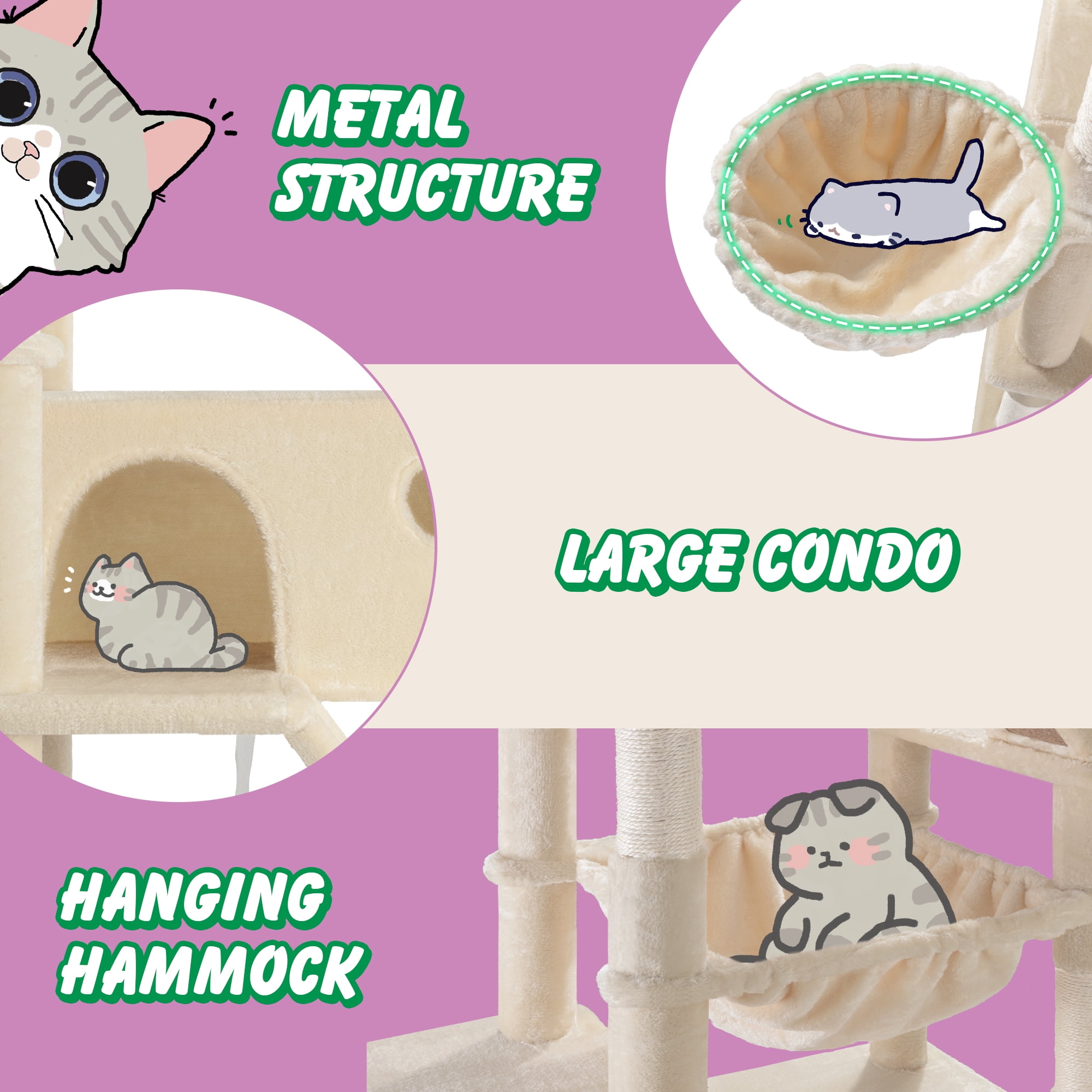 Merrland 81" Multi-Level Large Cat Tree Tower for Indoor Kittens, Cat Condo with Hammock & Sisal Scratching Posts, Beige