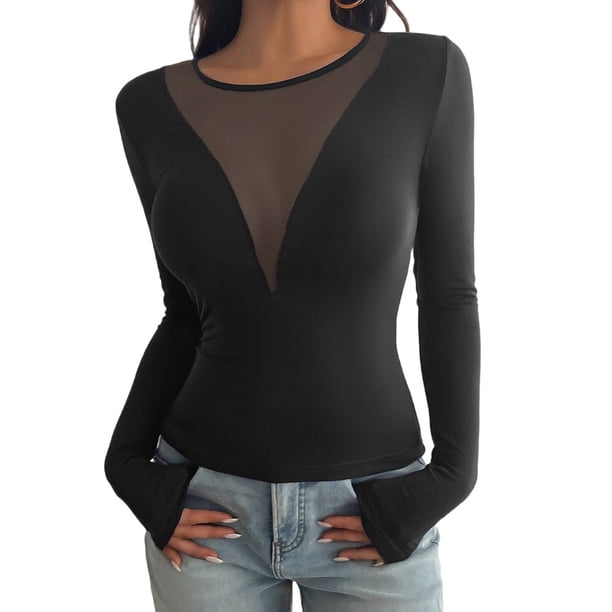 Camisas Ajustadas de Larga de con Cuello en V Profundo para Mujer, Moda Y2K 2025 Negro S