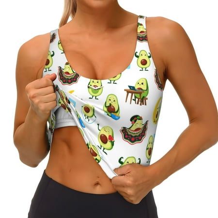 Qokaie Funny Avocado In Mexican Clothes Pattern Womens Scoop Neck Sports Bra Breathable Workout Vest Padded U Back Medium Impact Fitness Gym Yoga Bra Workout Crop Top