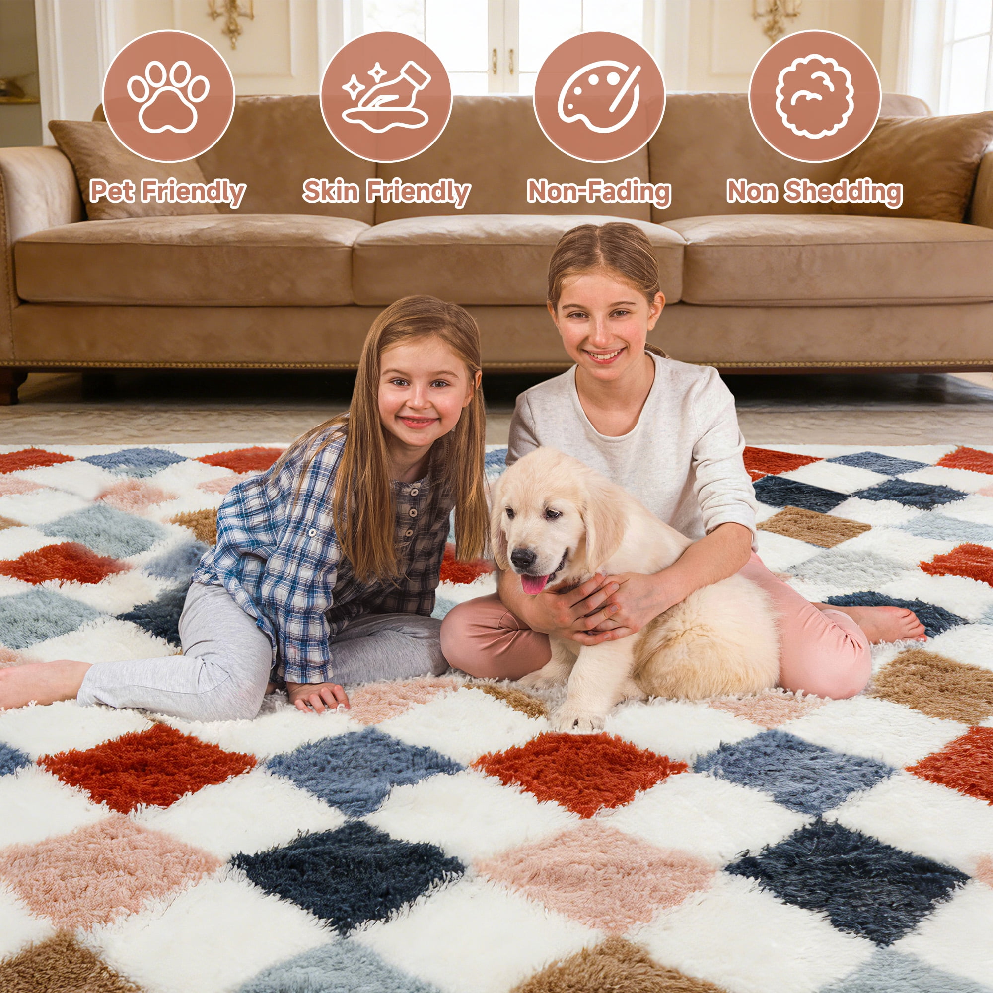 CozyDesg 5ftx7ft Area Rugs,Shag Fluffy Checkered Rugs for Living Room,Bedroom,Modern Room Decor Carpet, Non-Slip Floor Rug,Colorful B