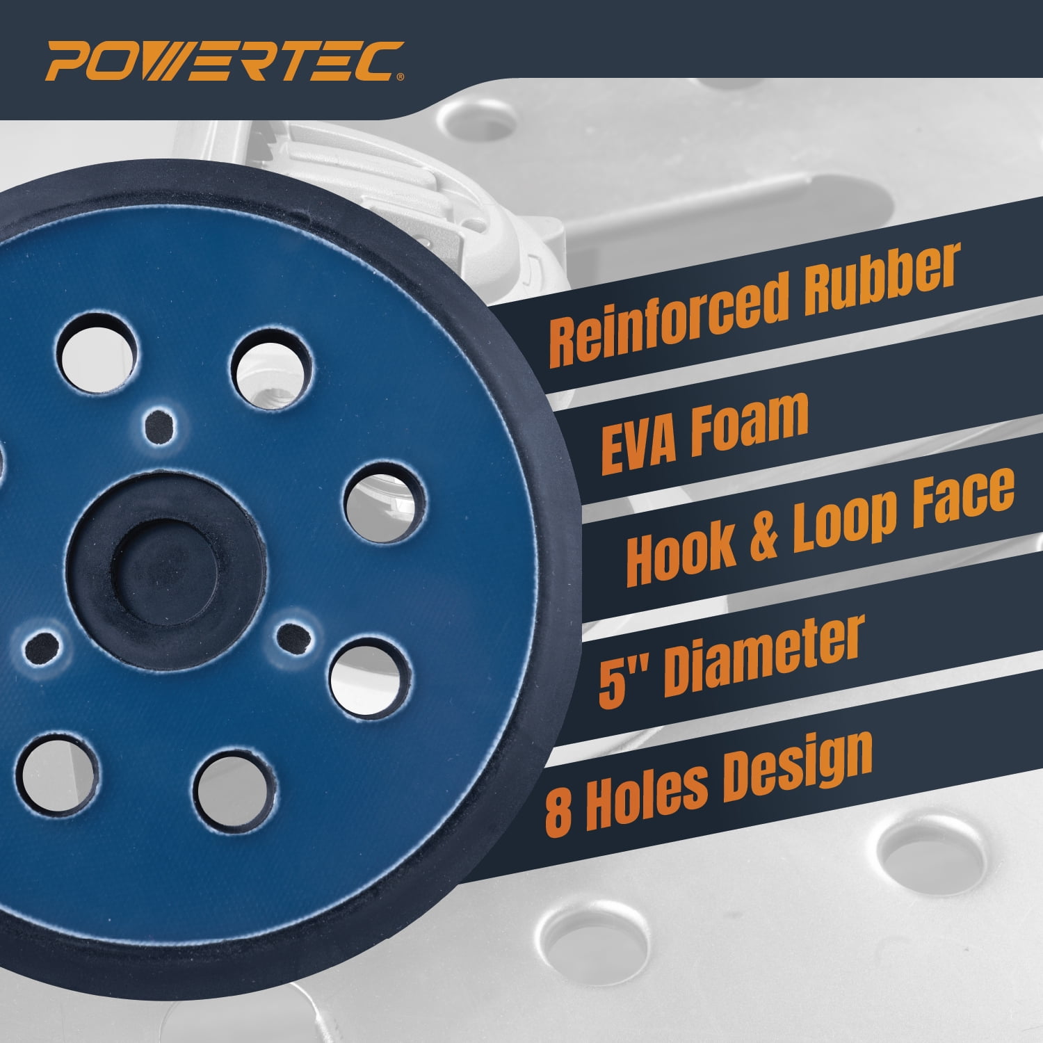 POWERTEC 4PK 5 inch 8 Holes Hook and Loop Sander Pad, 5 Inch Backing Plate Replacement for Makita 743081-8 743051-7, DeWalt DW4388, Porter Cable 151281-08, Hitachi 324-209 (46905N)