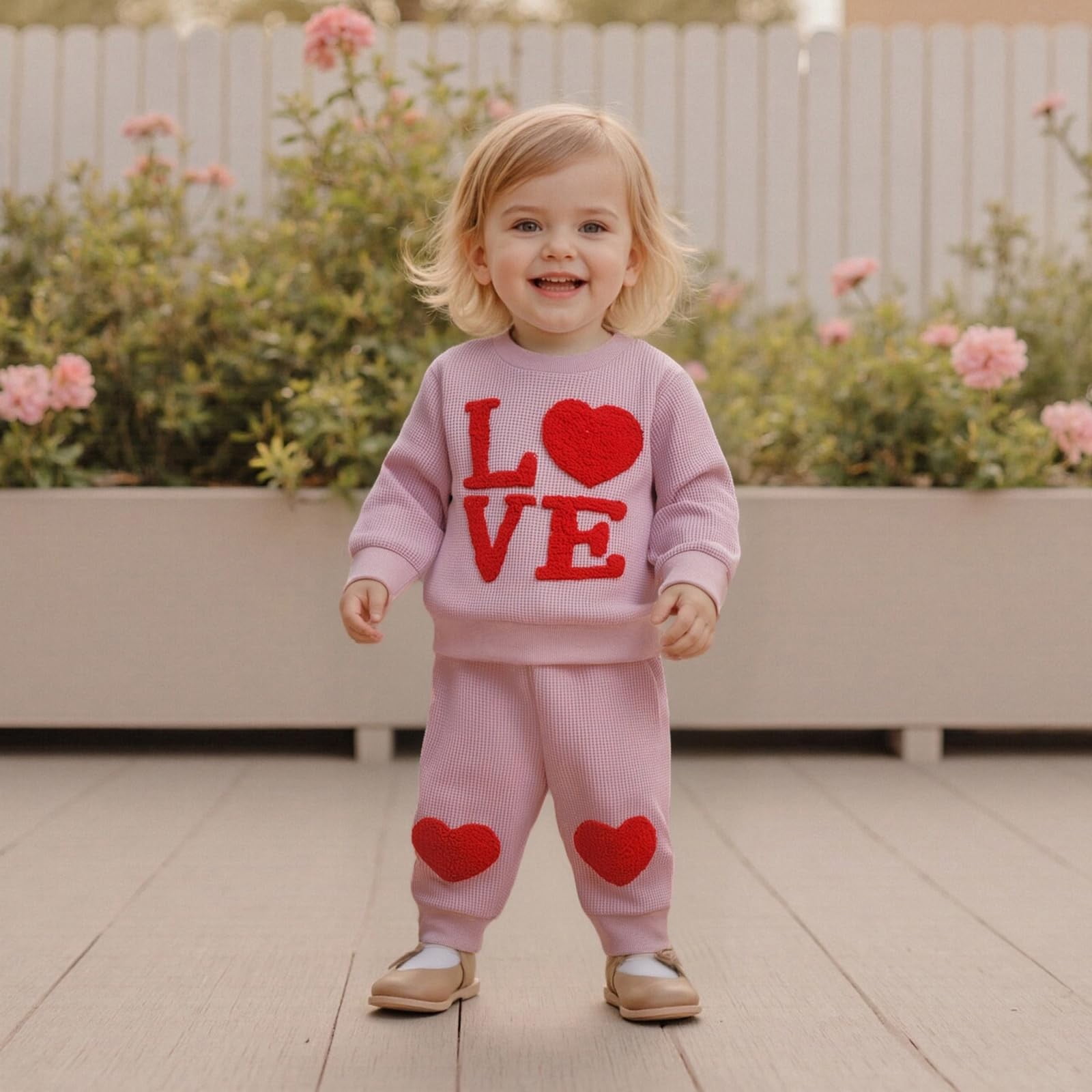 GiLiling Girls Valentine 2 Piece Outfit Love Heart Waffle Sweatshirt and Pants Casual Set for Holiday Wear (Pink 12-18 Months)