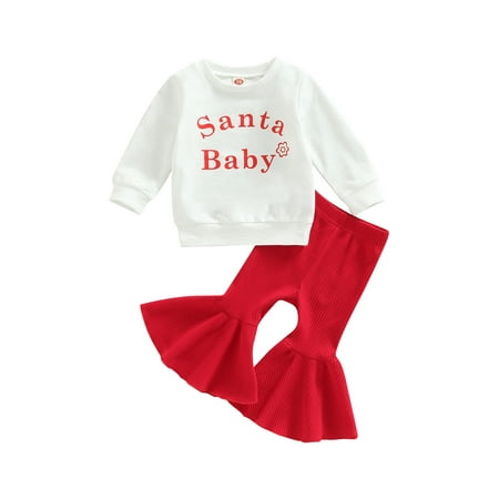 

Sunisery Toddler Baby Girl Christmas Clothes Set Long Sleeve Letter Print Pullover + Solid Color Ribbed Flare Trousers Autumn Outfit