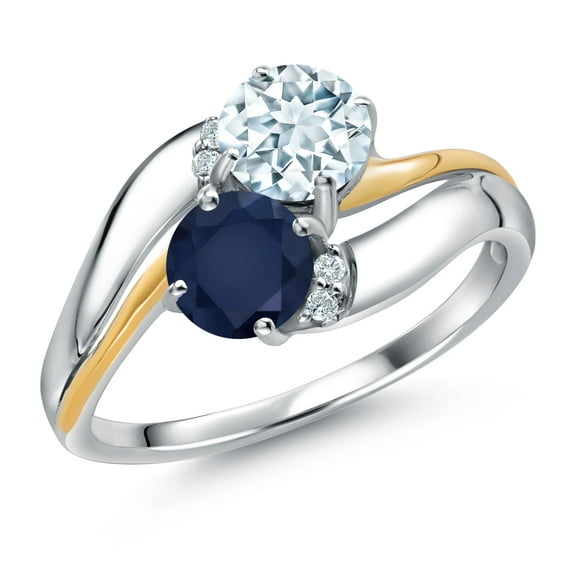 Gem Stone King 925 Sterling Silver and 10K Yellow Gold Blue Sapphire Sky Blue Aquamarine 2 Stone and Lab Grown Diamond Accent Ring for Women (1.13 Cttw, Gemstone September Birthstone, Size 8)
