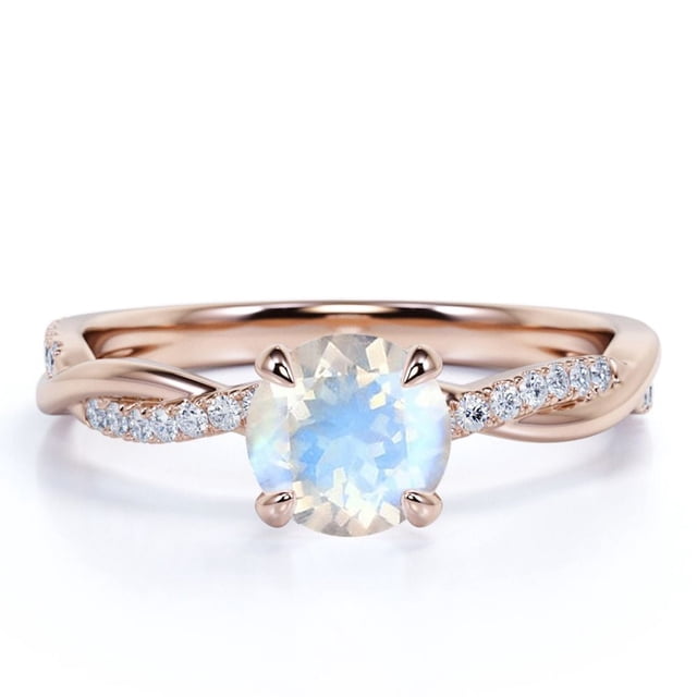 JeenMata Anillo de Bodas de 1 Quilate con Piedra Lunar Arcoíris de Corte Redondo y Moissanita con Cuerpo Dividido en Oro Rosa de 18 K sobre Plata