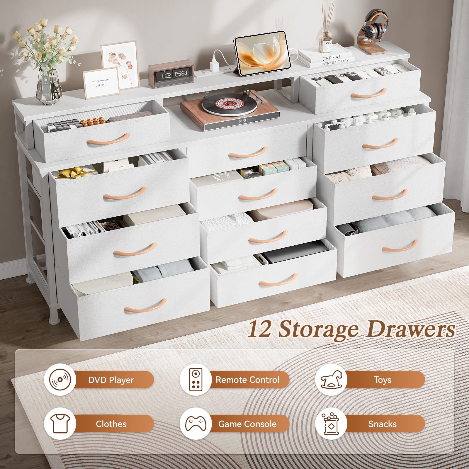 Tydimor Modern Dressers for Bedroom, Wide Chest with 12 Fabric Drawers for Living Room, White