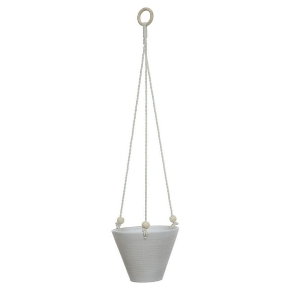 3R Studios Matte White Embossed Stoneware Hanging Planter with Cotton Rope and Wood Beads