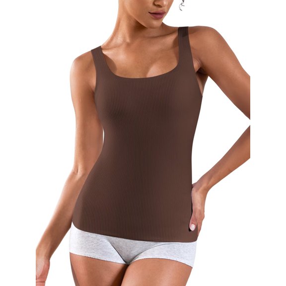 Sociala Womens Square Neck Tank Top with Built-in Bra Ribbed Seamless Camisole Slim Fitted Camis Shirts