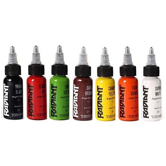 Radiant Colors 8 Primary Colors Tattoo Ink Set - Tattooing Inks Fluid Vegan Pigments 8 x 1oz Bottles