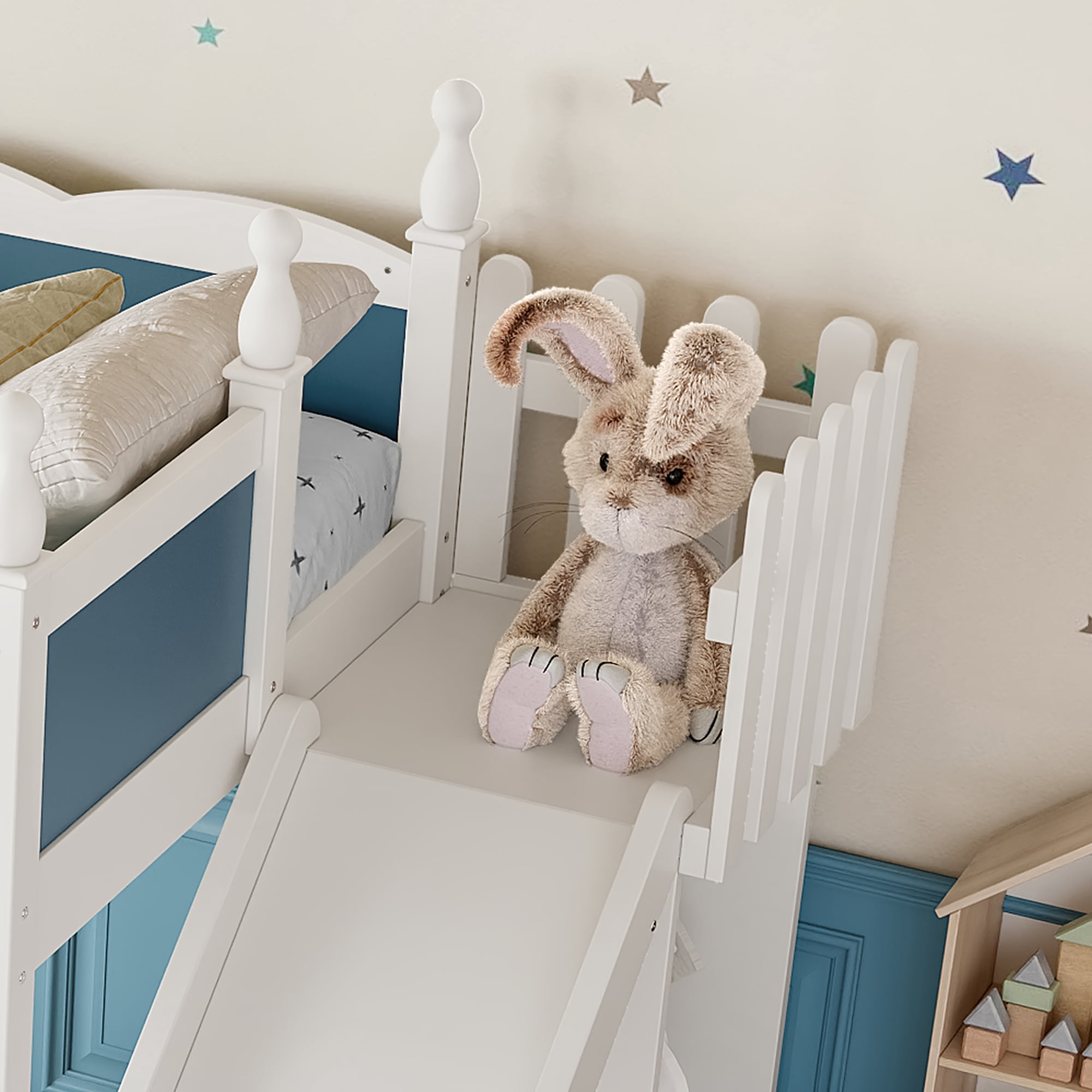 Leumius Twin Loft Bed Frame with Storage Shelves and Wardrobe, Solid Wood Loft Bed with Detachable Slide and Ladders for Kids Teens Adults Blue and White