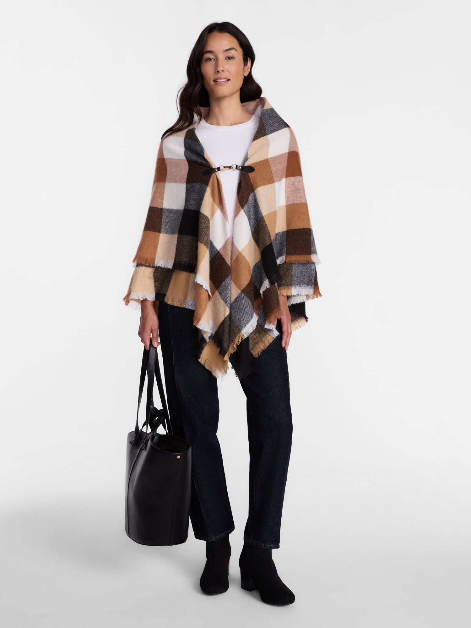 Time and Tru Women's Plaid Poncho with Clasp, Sizes S/M-L/XL