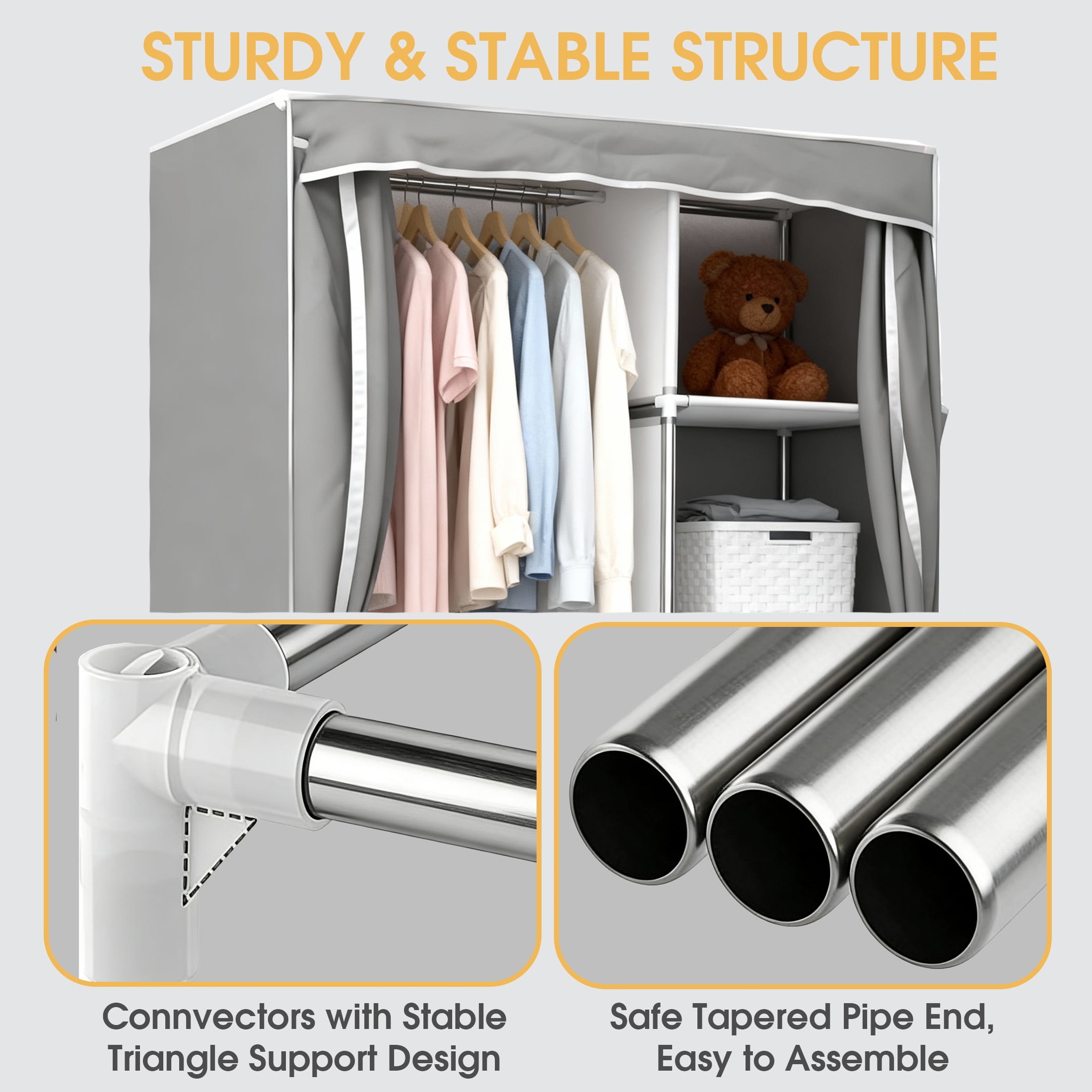 CISILOV Portable Closet Organizers, Wardrobe Closet with 1 Hanging Rod, 6 Storage Shelves & 2 Side Pockets, Free Standing Closet Clothes Organization & Storage with Cover for Bedroom, Dorm