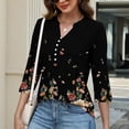 thumbnail image 4 of Bbyeadc Blouses for Women Dressy Casual 3/4 Length Sleeve V Neck Tops Button Floral Print Tee Trendy Summer Pullover,Black(M), 4 of 5