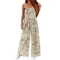 thumbnail image 7 of Women's Floral Print Sleeveless Overalls Loose Wide Leg Cotton Linen Jumpsuit with Pockets Beige L, 7 of 7