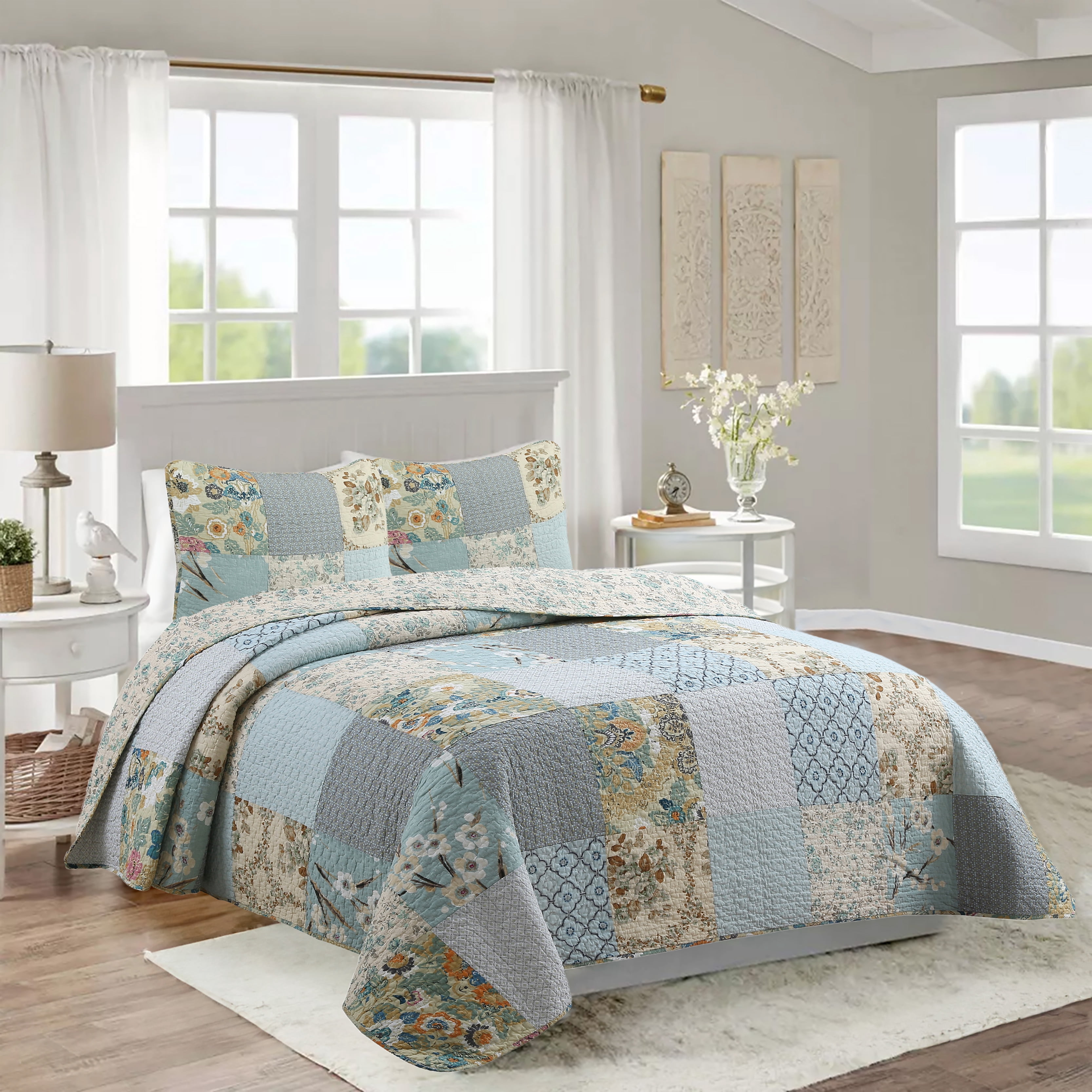 Sky Blue Floral Patens Ogee Patchwork Cotton King 3 Piece Quilt Bedding Set