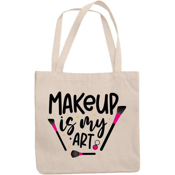 12oz Canvas Tote Bag - Girly Makeup Is My Art Quote with Contour & Powder Brushes Design - Beauty Themed Merch for Makeup Artist or Cosmetologist, Gift for Makeup Lovers & Beauticians