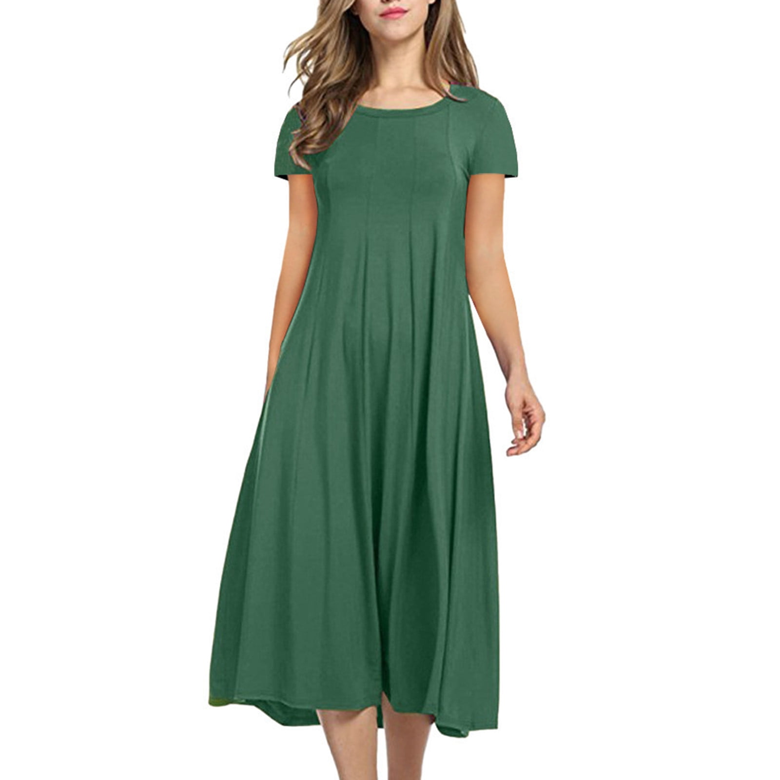 Women Round Neck Pleated A Line Dress Solid Color Short Sleeve Waist ...